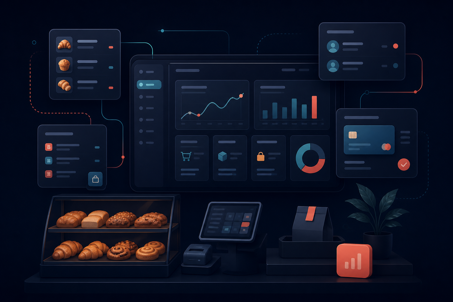 Abstract hub of orders, catalog, payments, and staff for micro-retail